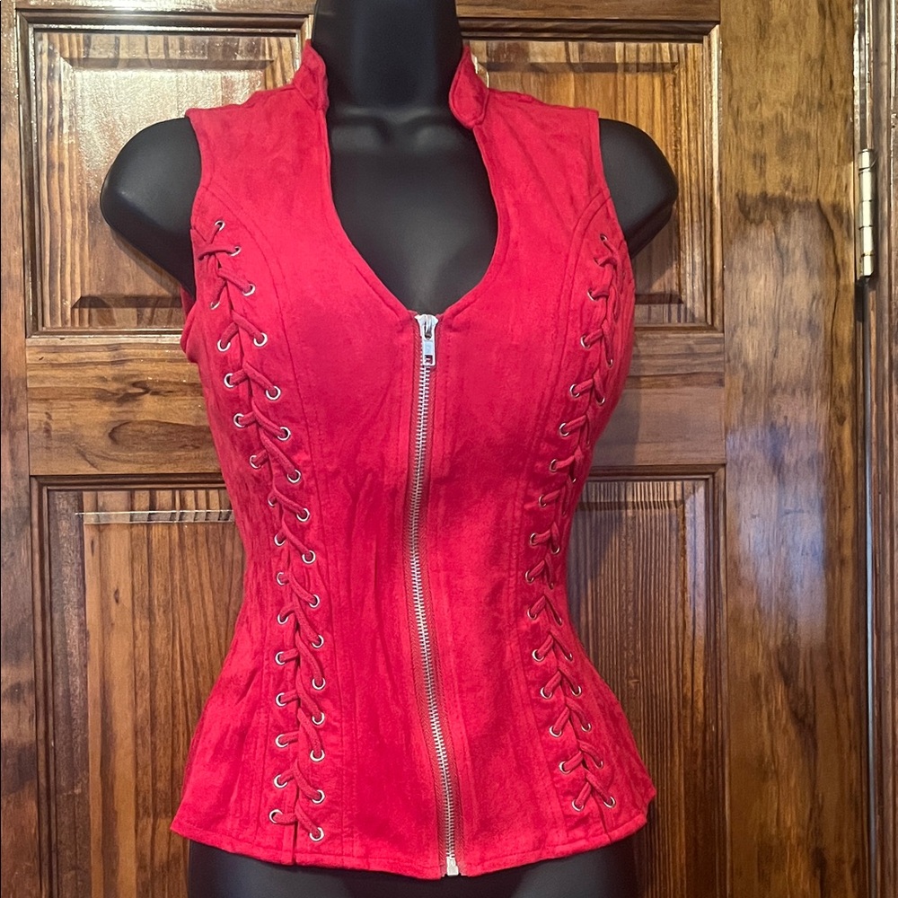 NWT Sleek Red Zippered Lace Up Corset Vest